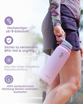 Coolflask Izolovaná nerezová láhev na vodu 1183 ml, popruh, 2 víčka Levandulová 1183 ml