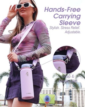 Coolflask Izolovaná nerezová láhev na vodu 1183 ml, popruh, 2 víčka Levandulová 1183 ml