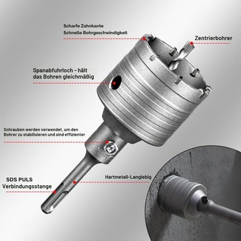 Jádrový vrták SALI 40 mm SDS Plus, závit M22, stopka SDS Plus 110 mm, sada vrtáků do zdiva s