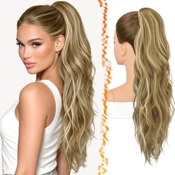BARSDAR 63cm syntetická sponka na vlasy zlatisto blond vlnitý cop predĺženie zlatisto blond melír
