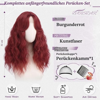 Parochňa BARSDAR 50cm syntetická záclona s poníkom, kučeravá, vlnitá, vínovo červená, vínovo červená