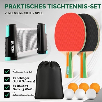 Súprava na stolný tenis s rozkladacou sieťou, 2 pálkami, 6 loptičkami a prepravnou taškou – prenosná sada pre