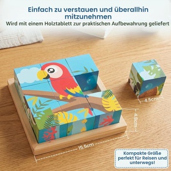 Woodenfun 6v1 drevené puzzle kocky, Montessori 3D kocky so zvieratami, vzdelávacia hračka pre deti od