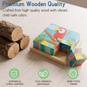 Woodenfun 6v1 drevené puzzle kocky, Montessori 3D kocky so zvieratami, vzdelávacia hračka pre deti od