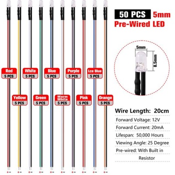 YIXISI 50 kusov 5mm diódové svetlo, 12V 20cm predzapojené LED, predzapojené svetlo, LED svetelné