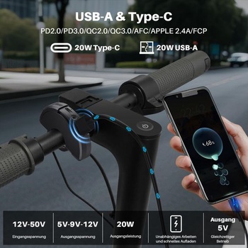Zásuvka USB-C pro nabíječky mobilních telefonů pro elektrické koloběžky, nabíječka telefonu pro