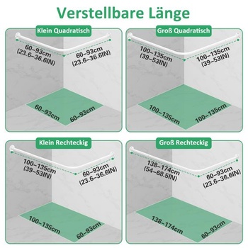Tyč na sprchový záves v tvare L, (60-135 cm) × (60-135 cm) Nastaviteľná biela sprchová tyč v tvare