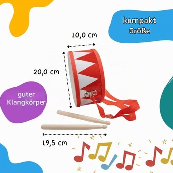 Detský bubienok, červenobiely, drevený hudobný nástroj s popruhom na nosenie a tyčkami, priemer: 20 cm