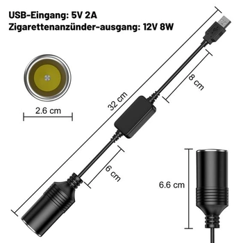 Adaptérový kábel USB A na 12V do zapaľovača cigariet, menič 5V na 12V, 30 cm