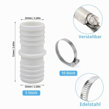 5 spojok pre bazénové hadice Ø 32 až 32 mm s 10 hadicovými sponami, univerzálne spojky pre hadice