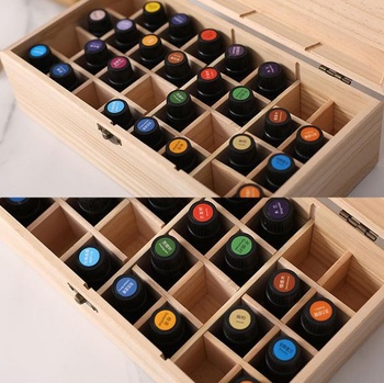 Úložný box na esenciálne oleje - drevená krabička s 32 priehradkami na aromaterapeutické a vonné