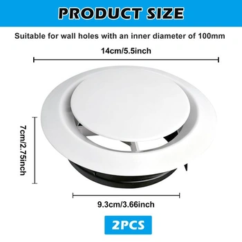 2 nastavitelné bílé diskové ventily, koncová mřížka ventilace 100 mm, kulatá ventilační mřížka 100