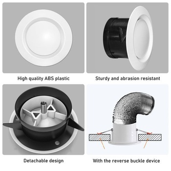 2 nastaviteľné biele diskové ventily, koncová mriežka ventilácie 100 mm, guľatá ventilačná mriežka 100