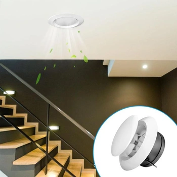 2 nastavitelné bílé diskové ventily, koncová mřížka ventilace 100 mm, kulatá ventilační mřížka 100
