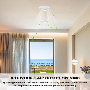 2 nastavitelné bílé diskové ventily, koncová mřížka ventilace 100 mm, kulatá ventilační mřížka 100