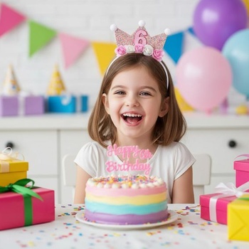 Růžová čelenka pro 4. narozeniny, ideální na narozeninovou oslavu. Růžová čelenka pro 6leté dítě.