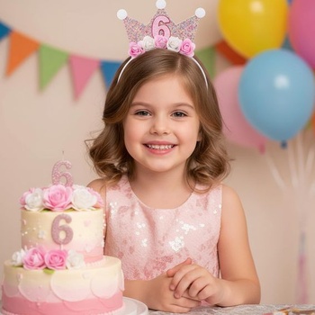 Růžová čelenka pro 4. narozeniny, ideální na narozeninovou oslavu. Růžová čelenka pro 6leté dítě.