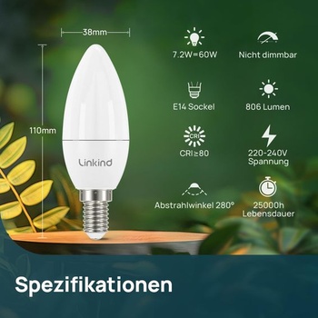 Linkind E14 LED teplá biela, 7W = 60W 806 lúmenov, 280° C35/B35 tvar sviečky, balenie po 3 kusoch teplá