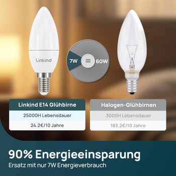 Linkind E14 LED teplá biela, 7W = 60W 806 lúmenov, 280° C35/B35 tvar sviečky, balenie po 3 kusoch teplá