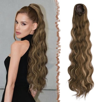 FESHFEN Culík so sťahovacou šnúrkou, syntetický vlnitý vrkoč, 75 cm 22H10# Hnedá zmes medovo blond