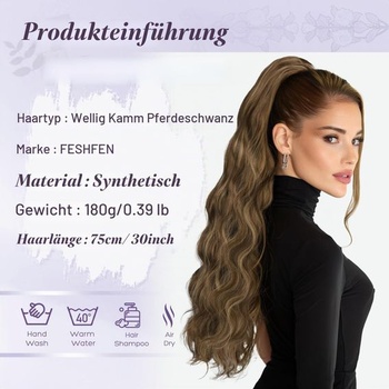 FESHFEN Culík so sťahovacou šnúrkou, syntetický vlnitý vrkoč, 75 cm 22H10# Hnedá zmes medovo blond