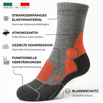 Kaiera - Trek Mid - Merino vlnené turistické ponožky vyrobené v Taliansku, polstrované outdoorové