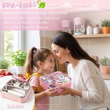 Detský obedový box s jednorožcom, 3dielny nerezový obedový box 800 ml ružový