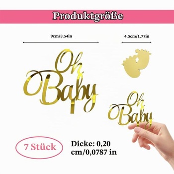 Ozdoba na tortu Oh Baby, 7 dielikov na oslavu narodenia bábätka a odhalenie pohlavia, zlaté akrylové