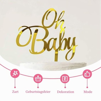 Ozdoba na tortu Oh Baby, 7 dielikov na oslavu narodenia bábätka a odhalenie pohlavia, zlaté akrylové