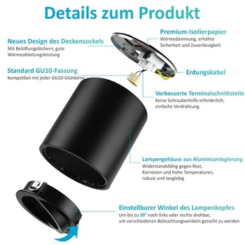 Čierne stropné bodové svetlá, prisadené bodové svetlo, otočné o 30 °, vhodné pre GU10 a LED moduly