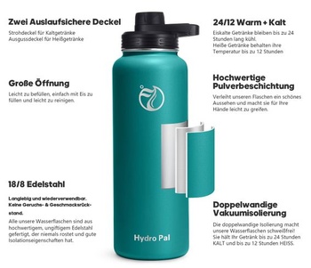 HydroPal nerezová izolovaná láhev na pití s brčkem a 2 víčky, 750 ml, eukalyptově zelená –