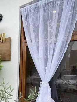 Bílá krajková záclona s květinovou výšivkou, voálová záclona, vyšívané krajkové záclony do