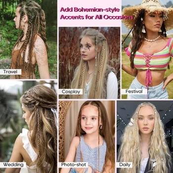REECHO Clip-in copy pro ženy, 50 cm boho dredy s korálky a přívěsky, zapletené příčesky pro cosplay