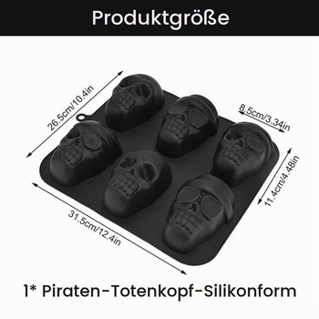 Silikonová 3D forma pirátská lebka, 6 přihrádek na halloweenskou párty, černá