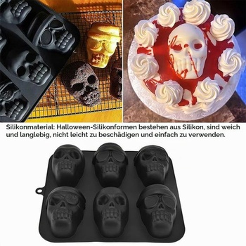 Silikonová 3D forma pirátská lebka, 6 přihrádek na halloweenskou párty, černá