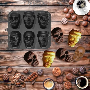 Silikonová 3D forma pirátská lebka, 6 přihrádek na halloweenskou párty, černá