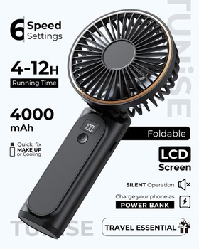 Prenosný mini ventilátor s LED displejom 4000 mAh, nastaviteľný o 180 ° a dobíjací - 6 rýchlostí, s