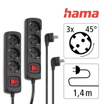 Hama prodlužovací kabel, 2 ks, 3cestný, 1,4m, černý, 3cestný, dvojité balení