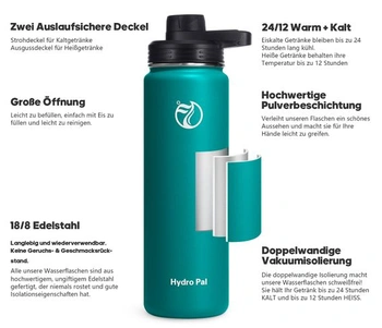 HydroPal nerezová izolovaná láhev, láhev na pití s brčkem a 2 víčky, 500 ml, eukalyptově zelená –