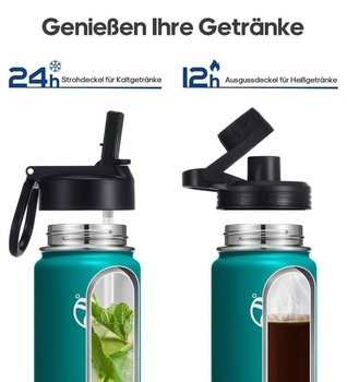 HydroPal nerezová izolovaná fľaša, fľaša na pitie so slamkou a 2 viečkami, 500 ml, eukalyptovo zelená –