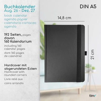 Diár Timer s poznámkami 2026-2027, 18 mesiacov v čiernej farbe - tr507 Diár 18M 26/27