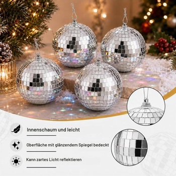 Disko gule 10 cm, 4 kusy Disko gule Zrkadlová disko gule, Strieborná dekorácia na disko guli