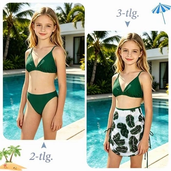 Dívčí bikinová sada Aolso, 3dílná plavka s krytem sukně, 170 tmavě zelená