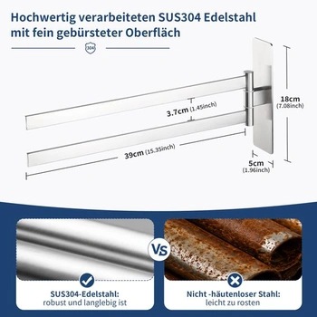Vešiak na uteráky bez vŕtania, dvojitý, otočný o 180 °, nerezová oceľ 304, 39 cm, 2 #, strieborný