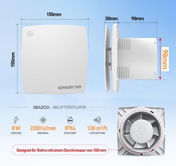 100mm tichý kúpeľňový ventilátor 130m³/h do kúpeľne, garáže, WC – biely L01 Basic