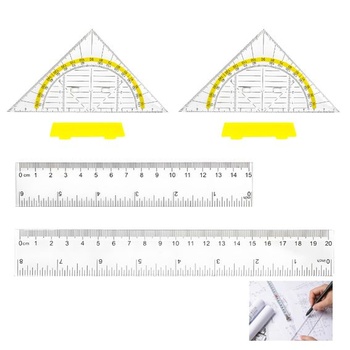 Sada 2 kusov uholníka s rukoväťou a 2 kusov pravítka (15 cm + 30 cm). Priehľadná geometrická sada, sada