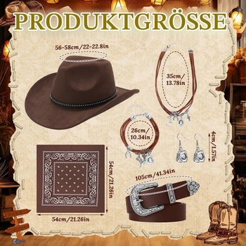 6dílná sada kovbojských klobouků pro ženy, westernový kovbojský kostým pro ženy s kloboukem,