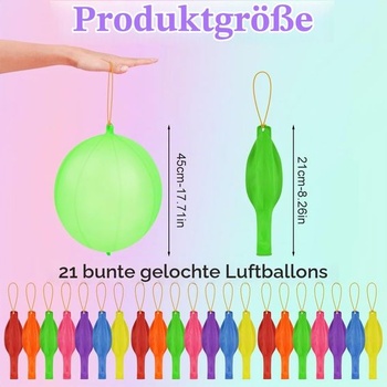 Dierovacie balóniky, 21 obrích balónikov s gumičkami, 7 farieb perforovaných latexových balónikov