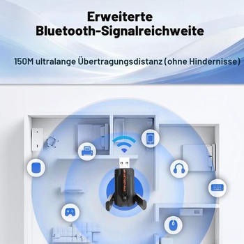 Bluetooth 6.0 USB adaptér pre PC/notebook s dvojitou anténou, dosah 150 m, kompatibilný s Bluetooth