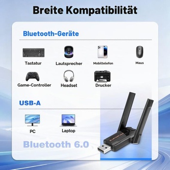 Bluetooth 6.0 USB adaptér pre PC/notebook s dvojitou anténou, dosah 150 m, kompatibilný s Bluetooth